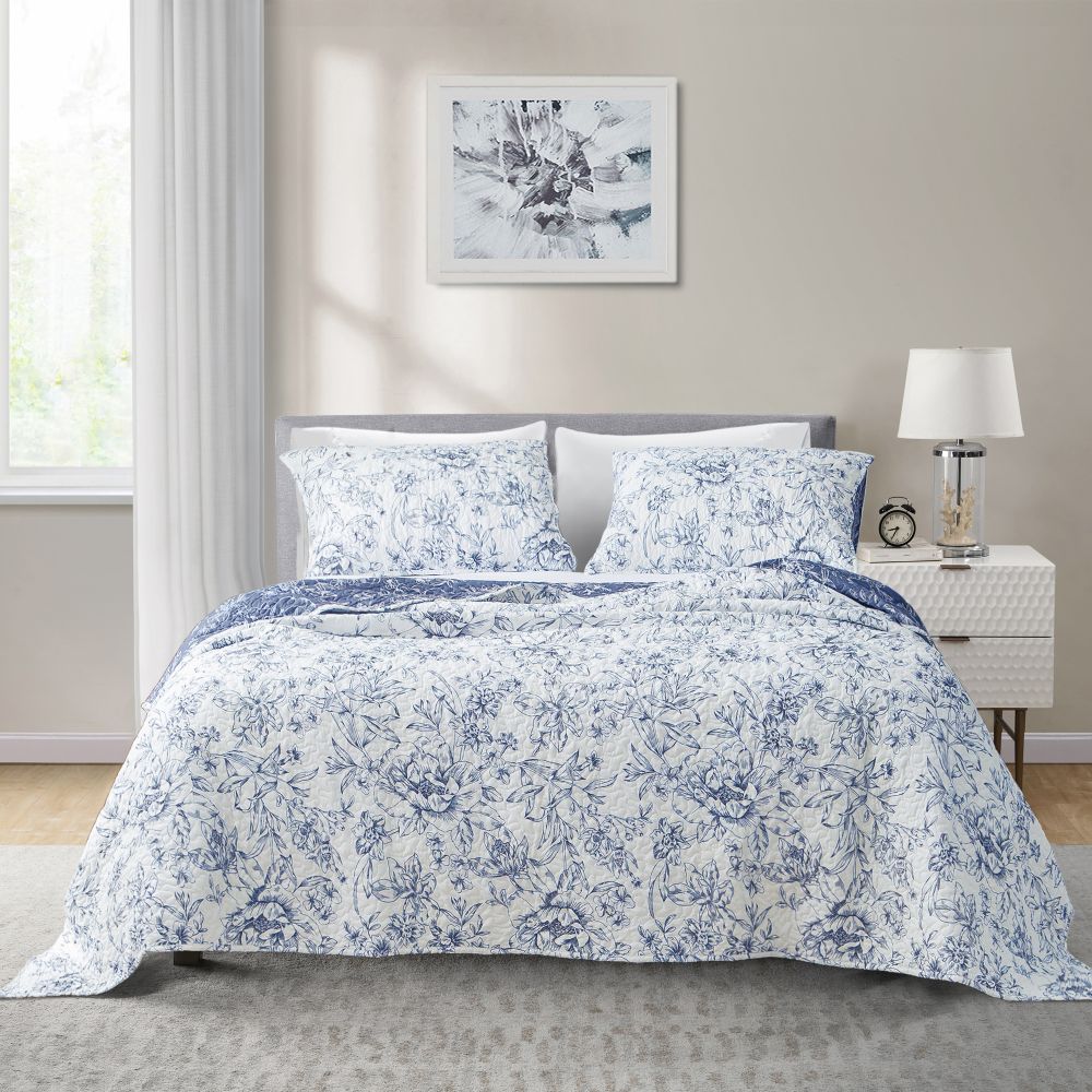 Wonderful Bedding Reversible Floral Pattern Quilt 3-Piece Set Wonderful