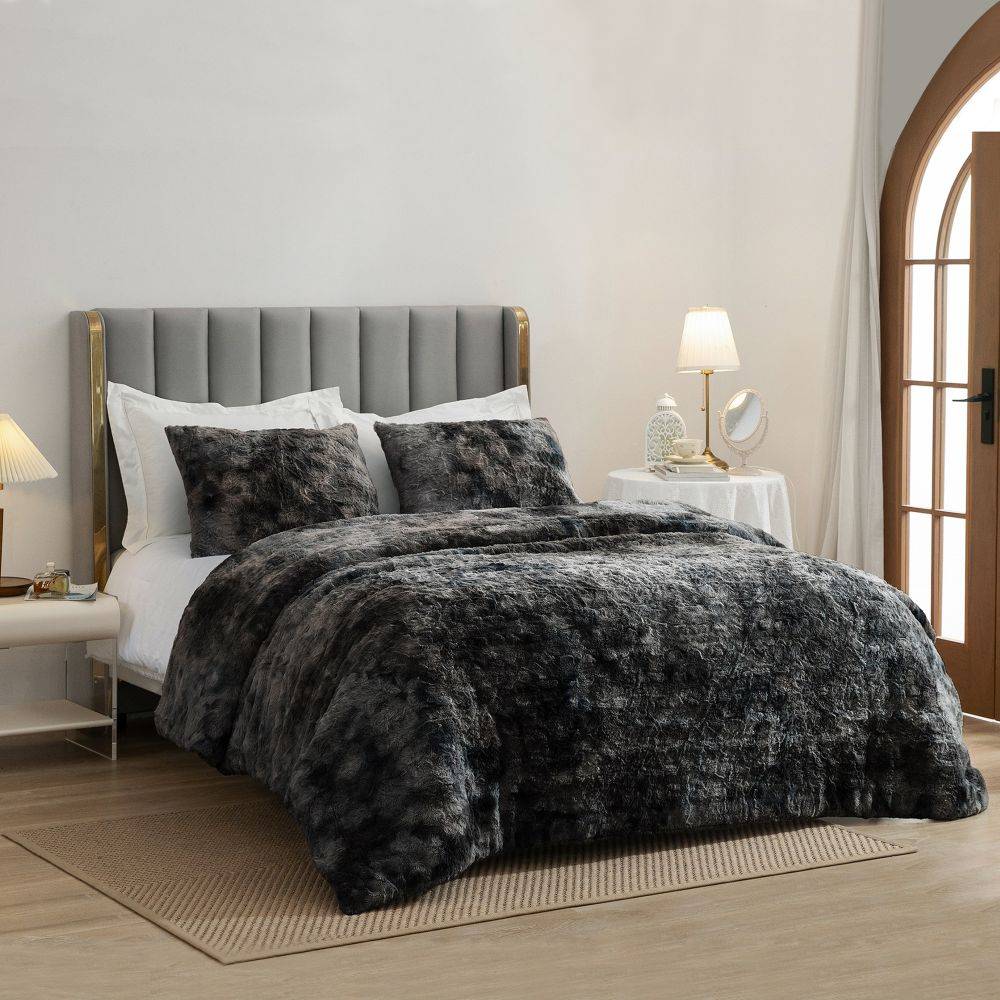 Wonderful 3-Piece Tie-Dye Faux-Fur Comforter Set-Black-Queen-