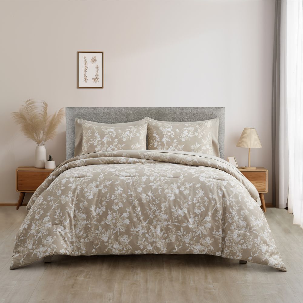 Wonderful Bedding Gradient Floral Printed 7-Piece Comforter Set-Khaki-Queen-