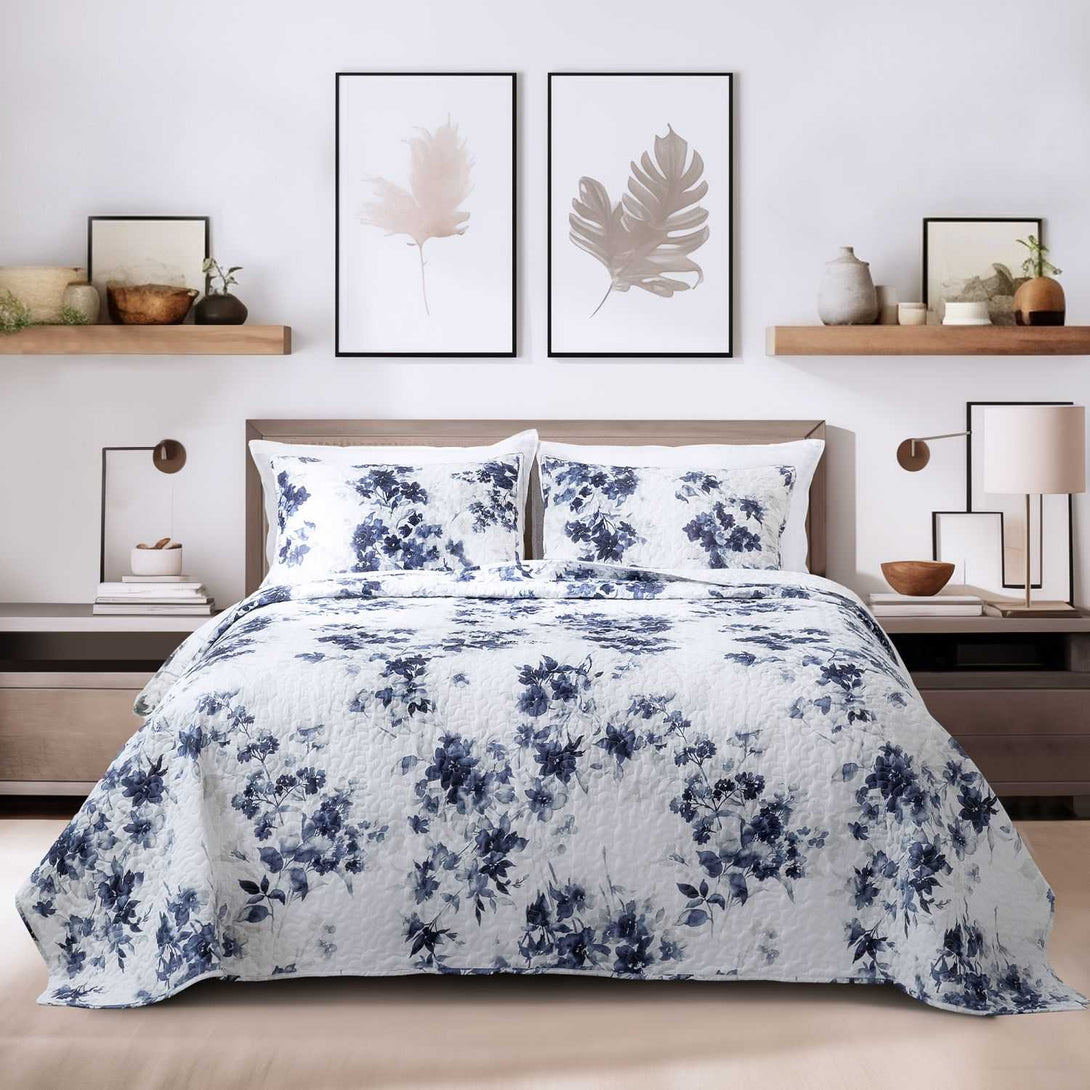 Wonderful Bedding Elegant Floral Printed 3-Piece Quilt Set-Blue-Full/Queen-