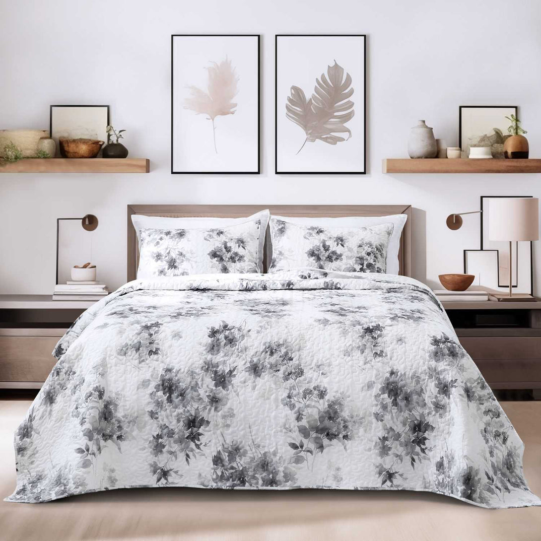 Wonderful Bedding Elegant Floral Printed 3-Piece Quilt Set-Grey-Full/Queen-