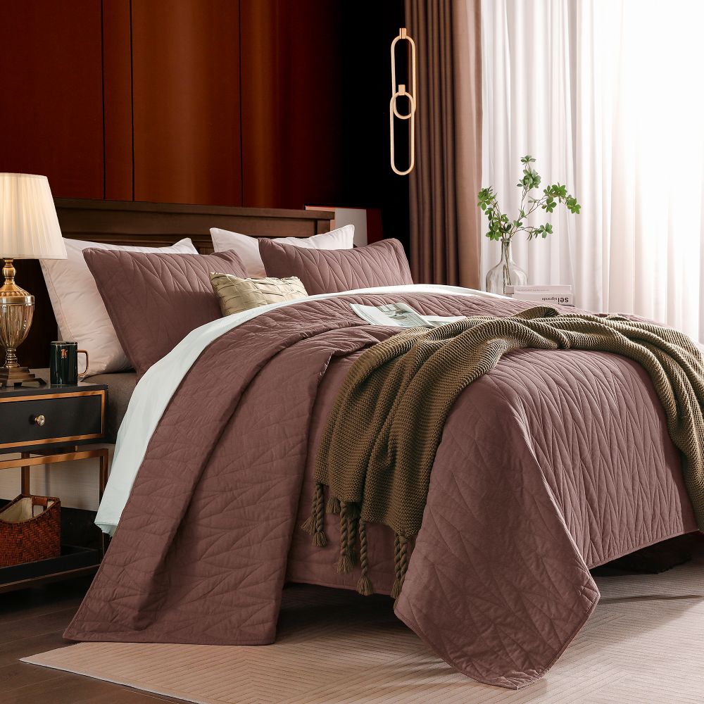 Wonderful Bedding Solid Color 100% Cotton 3-Piece Quilt Set-Mauve-Full/Queen-