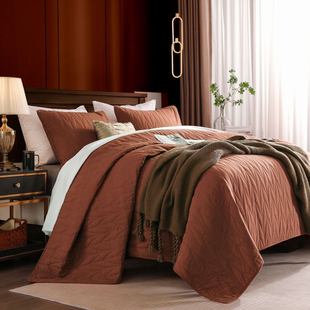 Wonderful Bedding Solid Color 100% Cotton 3-Piece Quilt Set-Copper-Full/Queen-