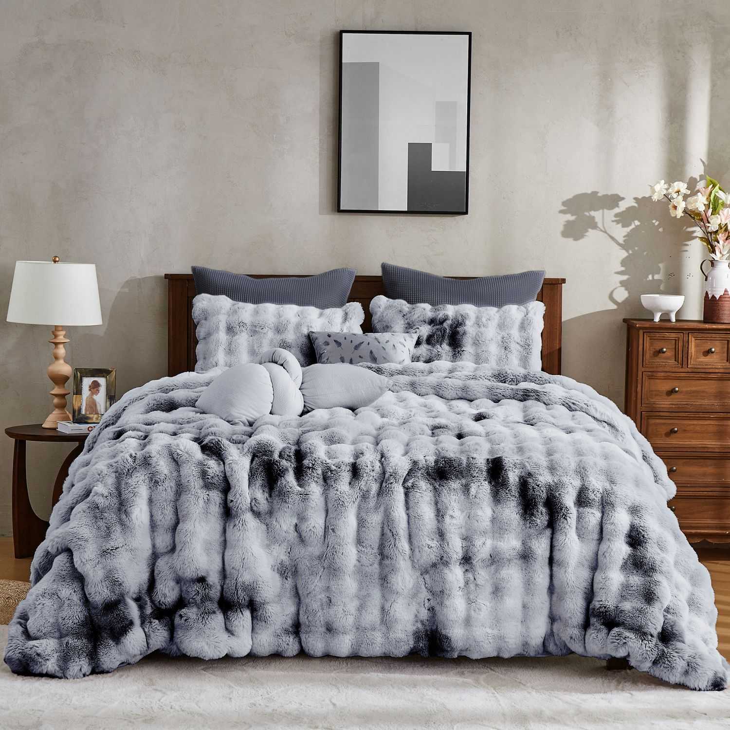 Gradient beige please!! Wonderful Fluffy Faux Rabbit Fur Luxury 3-Piece Comforter Set, Tie-Dye Plush Bedding