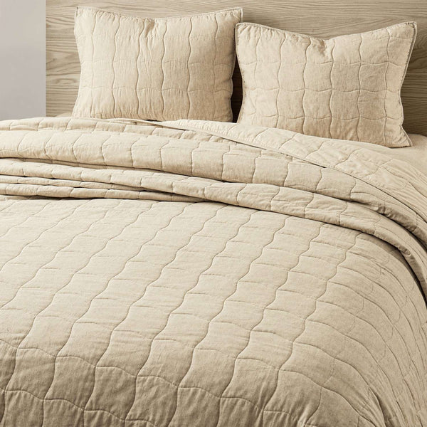 Wonderful Natural Linen Cotton - Wavy Box Stitched Quilt Set 3-Piece All-Season Bedding