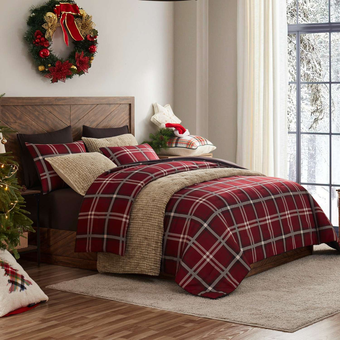 Wonderful Plaid Faux Wool Comforter Set – 3-Piece Cozy & Stylish All-Season Bedding-Red-Full/Queen-