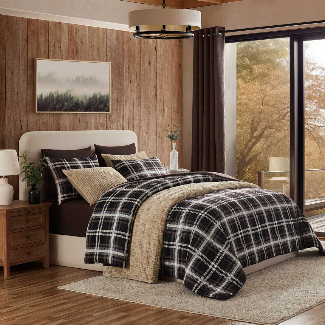 Wonderful Plaid Faux Wool Comforter Set – 3-Piece Cozy & Stylish All-Season Bedding-Brown-Full/Queen-