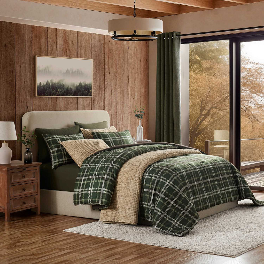 Wonderful 3-Piece Cozy Modern Plaid Comforter Set – 3-Piece Cozy & Stylish All-Season Bedding-Army Green-Full/Queen-