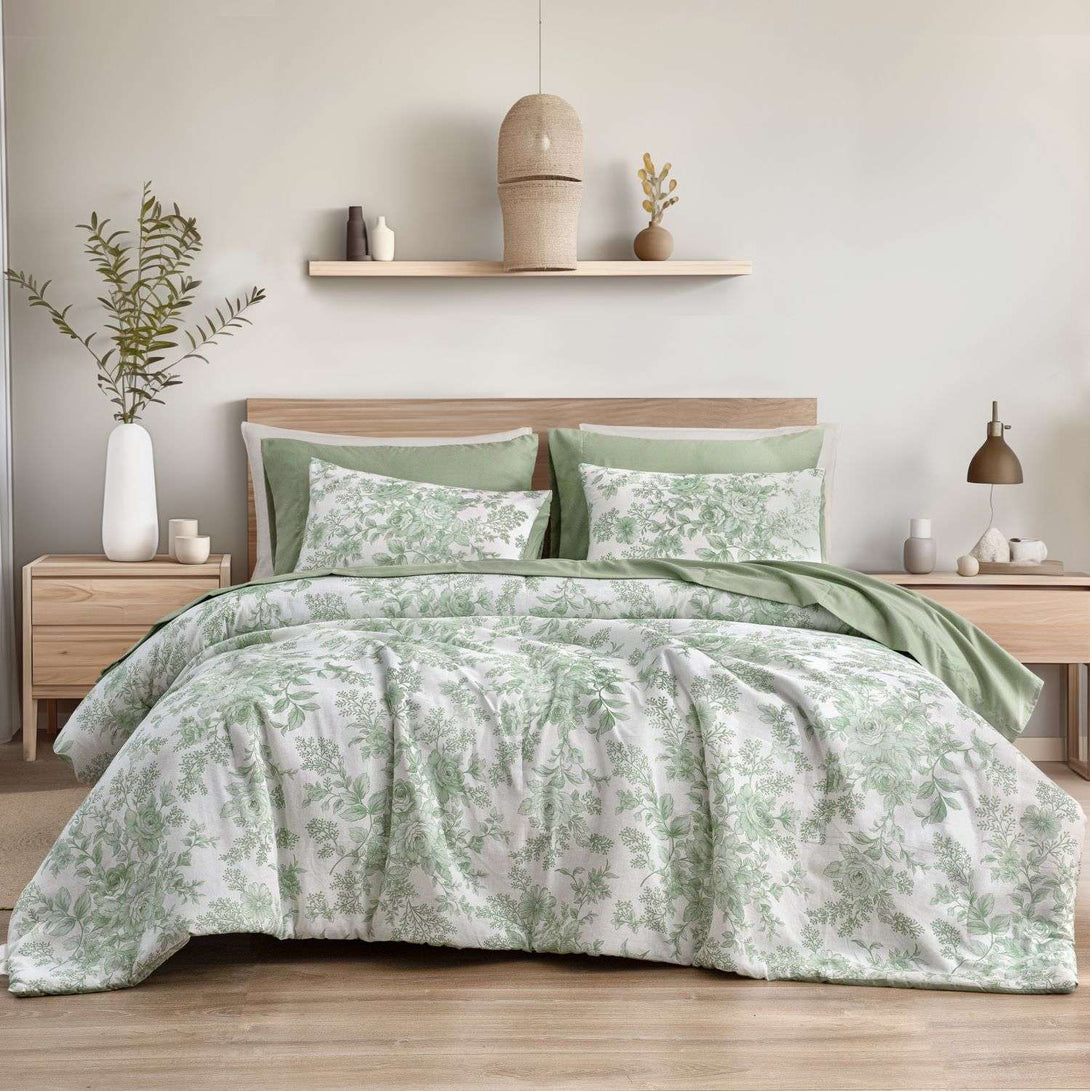 Wonderful Rose Patterned Printed 7-Piece Comforter Set-Green-Full/Queen-