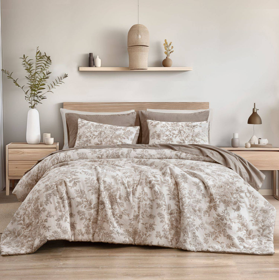 Wonderful Rose Patterned Printed 7-Piece Comforter Set-Khaki-Full/Queen-