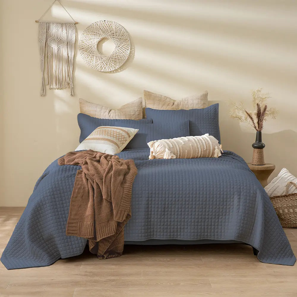 Wonderful Bedding Luxurious Cotton-Feel Waffle Weave 3-Pieces Quilt Set-Slate Blue-Full/Queen-