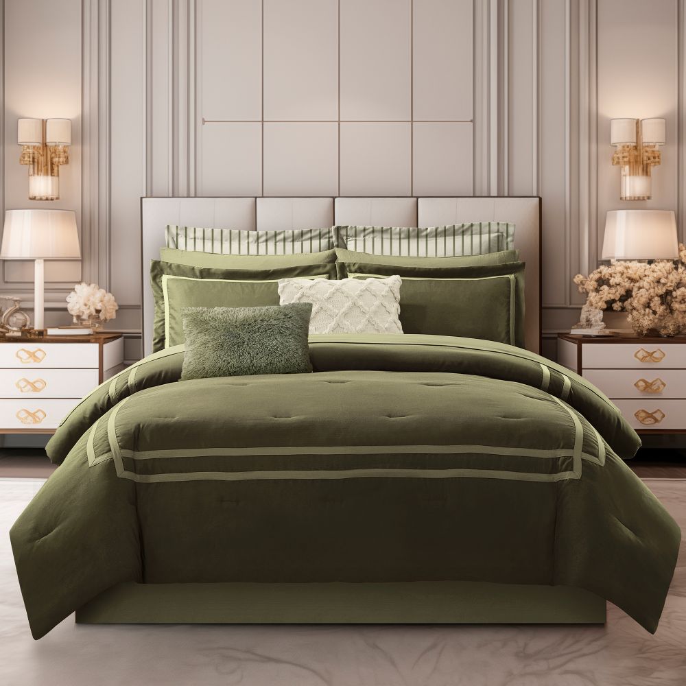 Wonderful Bedding Luxury Hotel-Style 7-Piece Comforter Set-Army Green-Full/Queen-